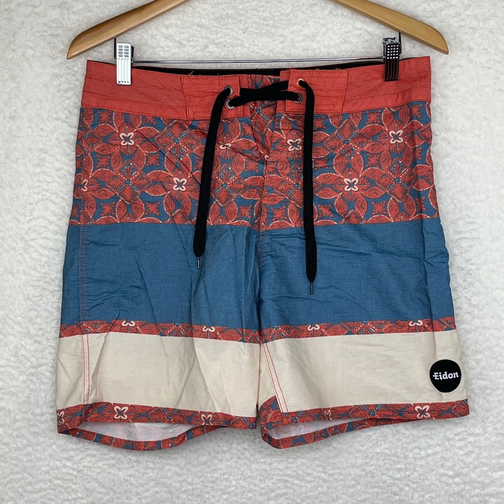 Eidon Mens Board Shorts Blue Red Floral Batik Print Swim Trunks Size 30 Small